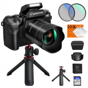 Upgraded 4K 64MP Digital Camera for Photography Beginners, Video, YouTube Vlog, 4" WiFi Touch Screen with Flash, Lens Hood, 52mm Black Mist 1/4 + CPL Filter, Camera Tripod, 3000mAH Battery, Kentfaith