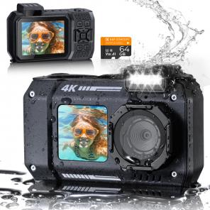 33ft/10m Waterproof  Camera 4K 48MP HD Photos & Videos with Dual-Screen for Snorkeling, Surfing, Swimming, Kentfaith Waterproof Camera for Kids, Adults, Black