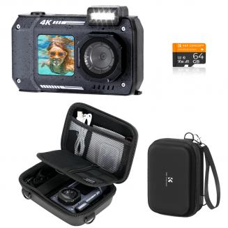 33ft/10m Waterproof Camera 4K 48MP HD Photos & Videos with Dual-Screen for Snorkeling, Surfing, Swimming, Waterproof Camera for Kids, Adults, includes EVA Storage Case, Black