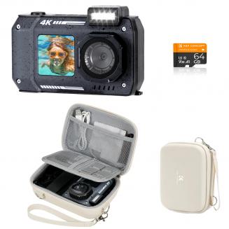 33ft/10m Waterproof Camera 4K 48MP HD Photos & Videos with Dual-Screen for Snorkeling, Surfing, Swimming, Waterproof Camera for Kids, Adults, includes EVA Storage Case, Black