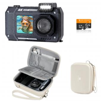 33ft/10m Waterproof Camera 4K 48MP HD Photos & Videos with Dual-Screen for Snorkeling, Surfing, Swimming, Waterproof Camera for Kids, Adults, includes EVA Storage Case, Black