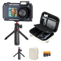 33ft/10m Waterproof Camera 4K 48MP HD Photos & Videos with Dual-Screen for Snorkeling, Surfing, Swimming, Waterproof Camera for Kids, Adults, Includes EVA Storage Case & Tripod, Black