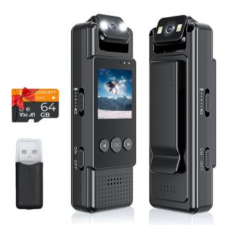 Mini WiFi Body Camera 1080P with Audio, 180° Rotatable Lens, 2 LED Fill Lights & Smart Motion Detection & 64G Memory Card