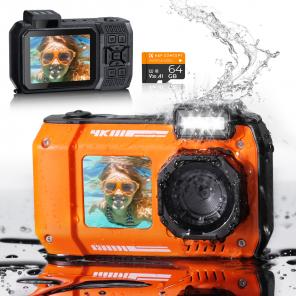 33ft/10m Waterproof  Camera 4K 48MP HD Photos & Videos with Dual-Screen for Snorkeling, Surfing, Swimming, Kentfaith Waterproof Camera for Kids, Adults, Orange