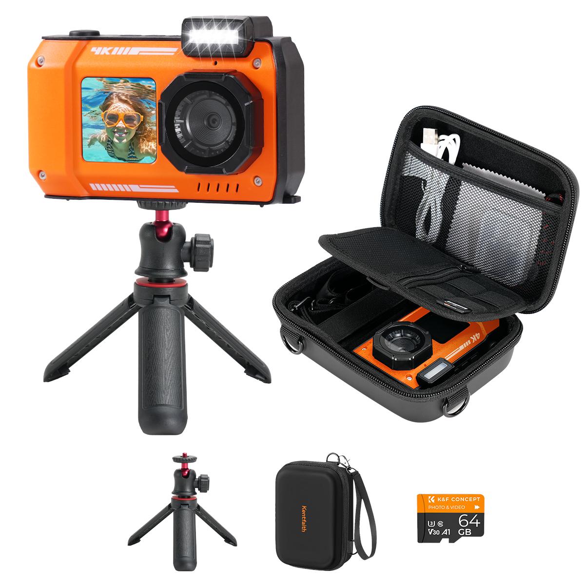 KENTFAITH 33ft/10m Waterproof Camera 4K 48MP HD Photos & Videos with Dual-Screen for Snorkeling, Surfing, Swimming, Waterproof Camera for Kids, Adults, Includes EVA Storage Case & Tripod, Orange
