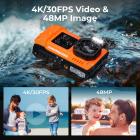 33ft/10m Waterproof Camera 4K 48MP HD Photos & Videos with Dual-Screen for Snorkeling, Surfing, Swimming, Waterproof Camera for Kids, Adults, Includes EVA Storage Case & Tripod, Orange
