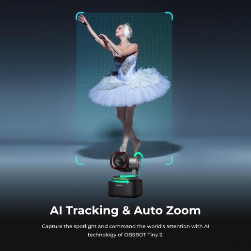 OBSBOT Tiny 2 4K AI Webcam – Voice & Gesture Control, Auto Tracking, 1/1.5" Sensor, 60 FPS, For Streaming, Meetings, PC & Mac