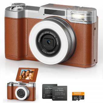 4K Digital Camera for Photography Flash + Lens Fill Light 180° Flip Screen Kentfaith