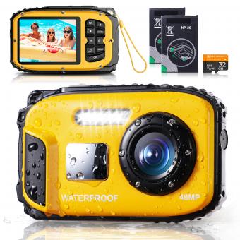 16FT/5M Vandtæt Digitalkamera, 48MP Autofokus, Fyldelys, 2,4in IPS-skærm, Selfie-spejl, 32GB Kort Inkluderet, Undervandskamera til Snorkling, Pool, Strand, Kentfaith