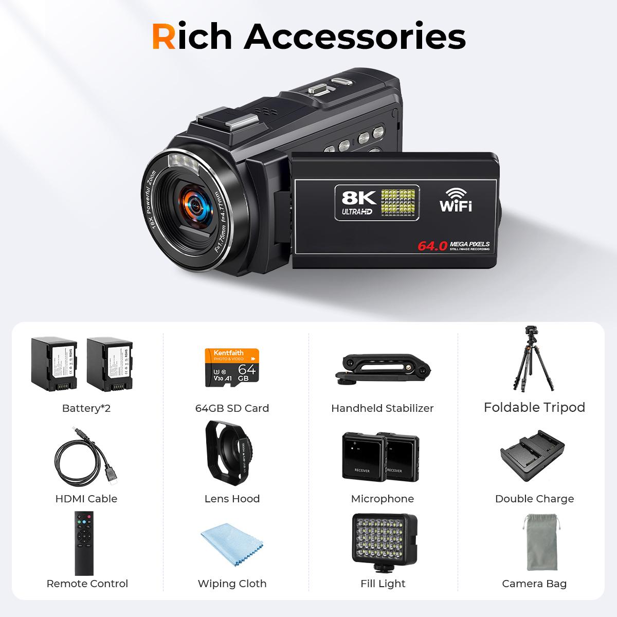 Camera Kent Camcorder With Memory Card, 8K 64Mp 64Gb | Kentfaith - KENTFAITH