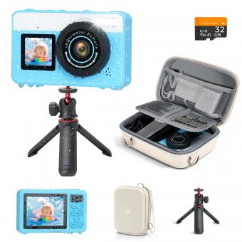 Underwater Camera for Kids 4K 48MP, 3M Waterproof, Dual Screen, for Snorkeling Swimming, Includes EVA Storage Case, Tripod, Kentfaith
