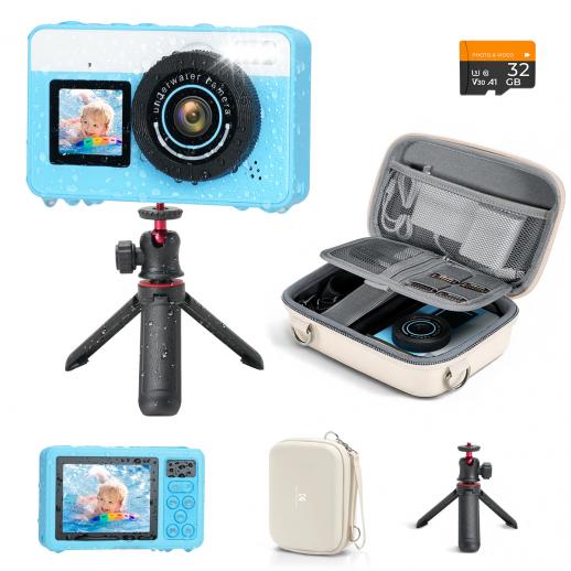 Underwater Camera for Kids 4K 48MP, 3M Waterproof, Dual Screen, for Snorkeling Swimming, Includes EVA Storage Case, Tripod, Kentfaith