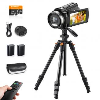 5K Camcorder with 10X Optical Zoom, 30FPS Video Camera, Aluminum Tripod, WiFi Transfer, Remote Control, 6-axis Stabilization, Dual Batteries, Kentfaith