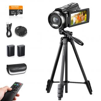 5K Camcorder with 10X Optical Zoom, 30FPS Video Camera, Aluminum Tripod, WiFi Transfer, Remote Control, 6-axis Stabilization, Dual Batteries, Kentfaith