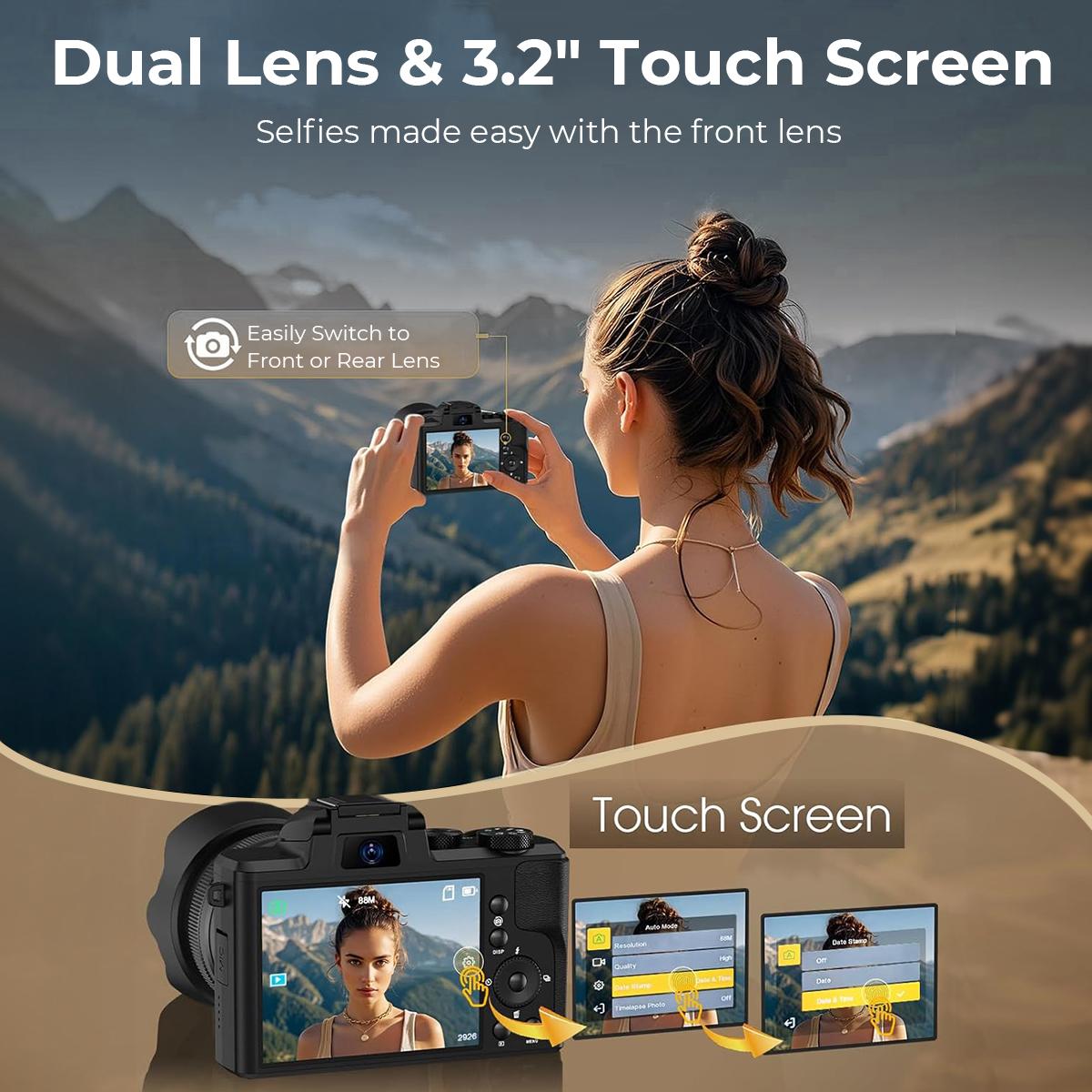 Fabater Fotocamera Digitale 8K Per Vlogging – 88MP Con Doppio Obiettivo, Zoom 8x, Hot Shoe, Autofocus, Perfetta Per Viaggi