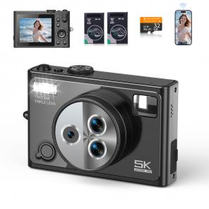 5K 75MP Compact Digital Camera, 3 Lens 12X Zoom Autofocus for YouTube Vlogging, 32GB Card 2 Batteries, Kentfaith