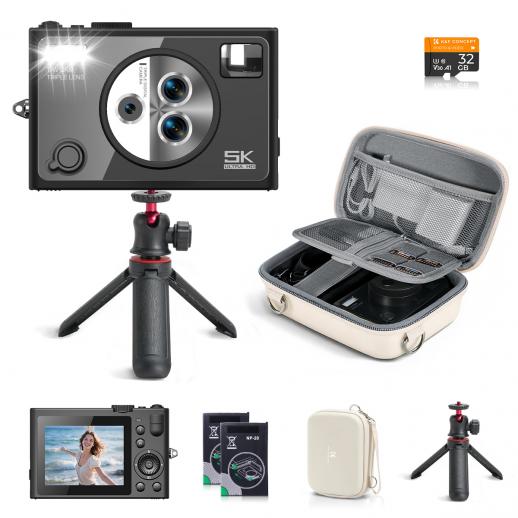 5K 75MP Compact Digital Camera, 3 Lens 12X Zoom Autofocus for YouTube Vlogging, Compact Tripod, Camera Bag, 32GB Card 2 Batteries, Kentfaith