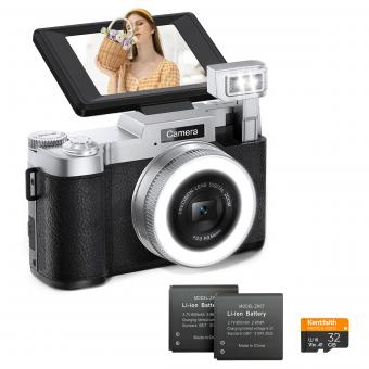 4K 64MP Digital Camera for Photography, Flash + Lens Fill Light, Auto Focus, Webcam, 180° Flip Screen, for Vlogging, Youtube, Traveling, Kentfaith