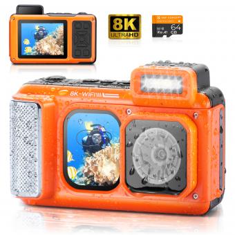 8K 90MP Vandtæt Digitalt Kamera 15m/49FT Undervands, Dual-Screen til Selfie, Indbygget WiFi, til Dykning, Snorkling, Svømning, Surfing, KentFaith
