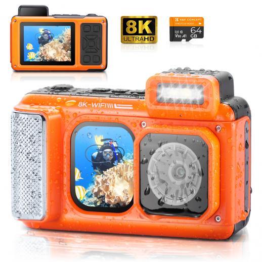 8K 90MP Waterproof Digital Camera 15m/49FT Undervann, Dual Screen for Selfie, bygget i WiFi, for Gudg, Snorkeling, svømming, Surfing, #
