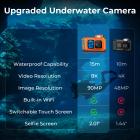 8K 90MP Waterproof Digital Camera 15m/49FT Undervann, Dual Screen for Selfie, Built-in WiFi, Tripod inkludert for Diving, Snorkeling, svømming, Surfing, #
