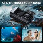8K 90MP Waterproof Digital Camera 15m/49FT Undervann, Dual Screen for Selfie, bygget i WiFi, for Gudg, Snorkeling, svømming, Surfing, #

