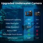 8K 90MP Waterproof Digital Camera 15m/49FT Undervann, Dual Screen for Selfie, Built-in WiFi, Tripod inkludert for Diving, Snorkeling, svømming, Surfing, #
