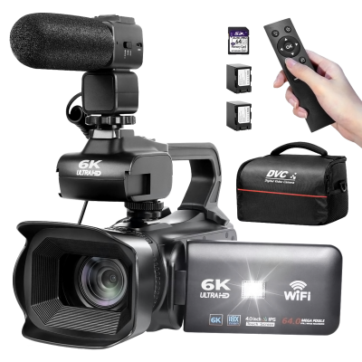 Ultra HD 4K Videokamera Med 18X Digital Zoom, 64MP Digital Videokamera, 4,0-Tums Roterande Pekskärm, Mikrofon, Fjärrkontroll, 64GB SD-Kort DigitalkameraTvå Batterier (Svart)