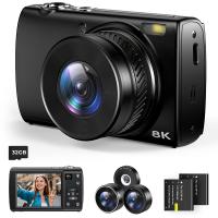 8K 88MP Digital Camera with 30X Macro/Wide-angle/Fisheye Lens, Dual Sony Sensor, 6-gyro Stabilization, Dual Batteries, 32G Card, Kentfaith