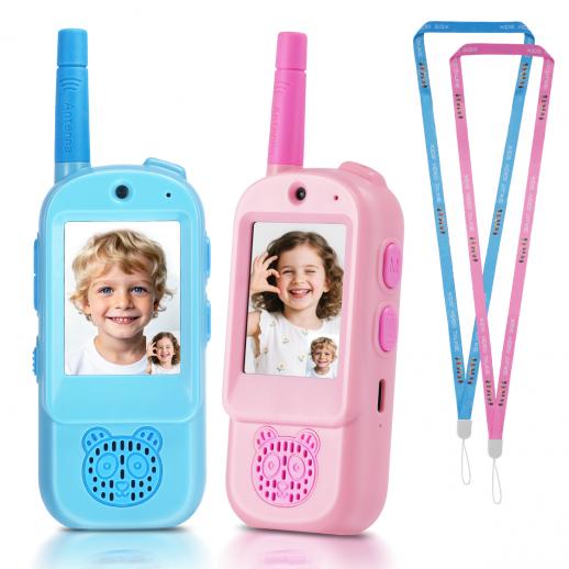 Walkie Talkies de Vídeo para Crianças, Alcance de 200M/656FT, Modificador de Voz, Câmera HD, Tela de 2 Polegadas, Brinquedos Recarregáveis para Interior e Exterior para Meninos e Meninas de 3-12 Anos, Pacote com 2, Kentfaith