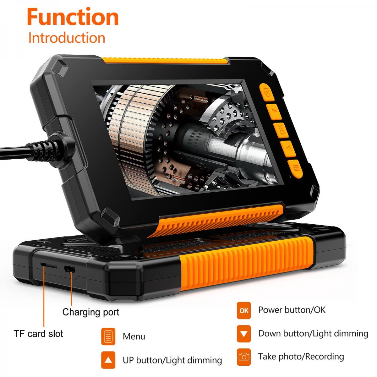 K&F Concept 내시경 카메라 8mm 내시경 검사기 카메라 4.3인치 HD 잠김 1080P LED 조명이 있는 배낭 카메라, 자동차, 엔진, 배터리 검사용 반강성 케이블(8mm, 10m/32.8ft) 주황색