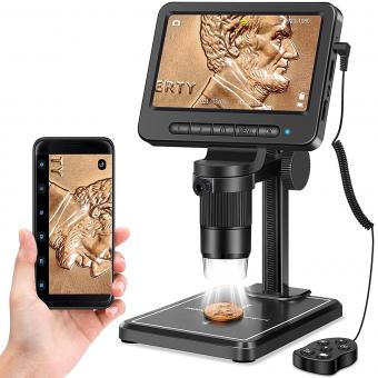 5 Inch Digital Microscope with Remote Control, 1000x Magnification, Plastic Stand, 1080 FHD USB Microscope with Wifi, Compatible with Windows, iPhone, Android, iPad