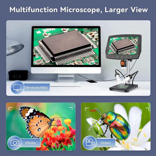 Microscope numérique LCD 9 pouces, microscope grossissant 1000X avec caméra  12 MP, micro microscope de soudage pour adultes, télécommande filaire,  compatible Windows/Mac OS - K&F Concept