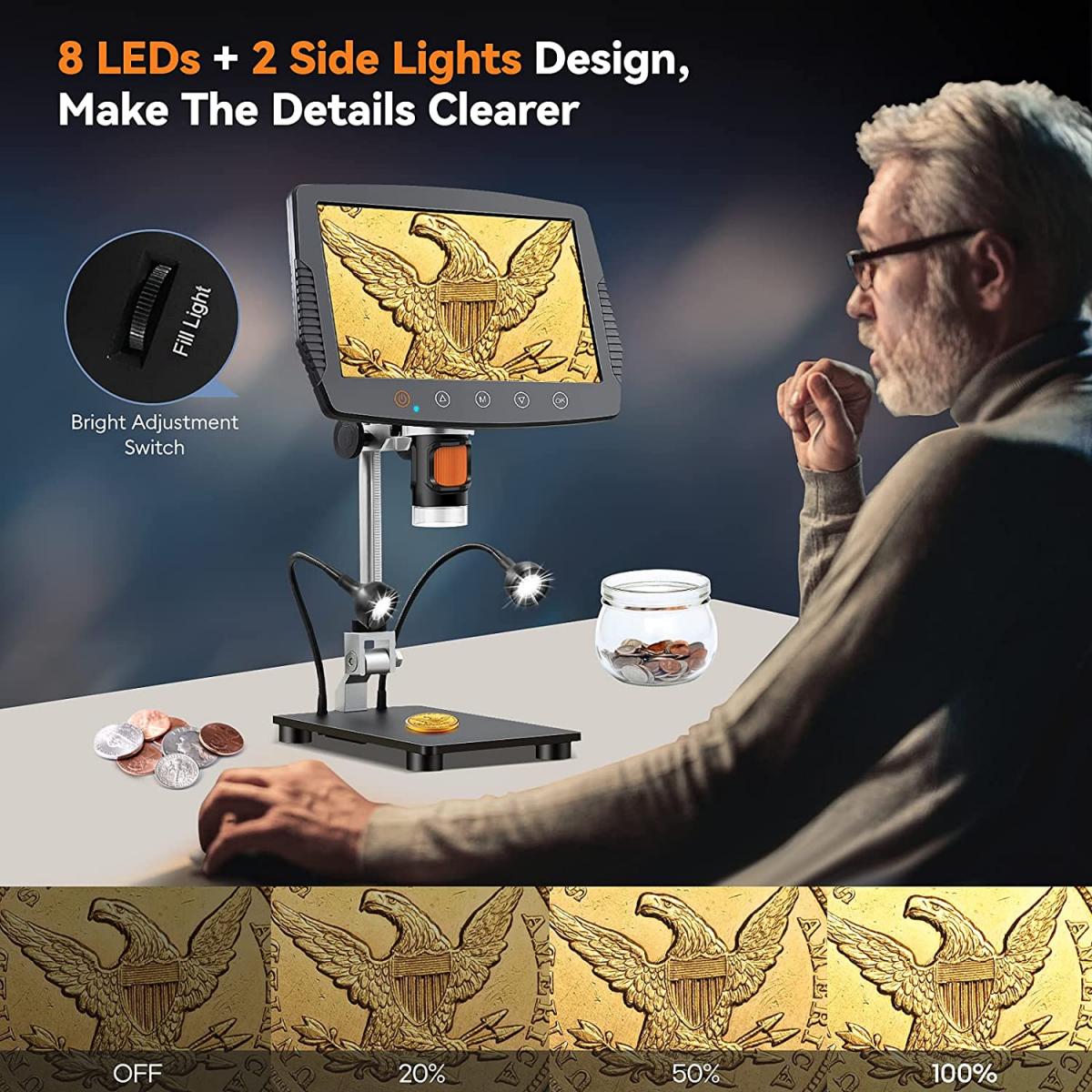 9 Inch LCD Digital Microscope, 1000X Magnification Coin Microscope with