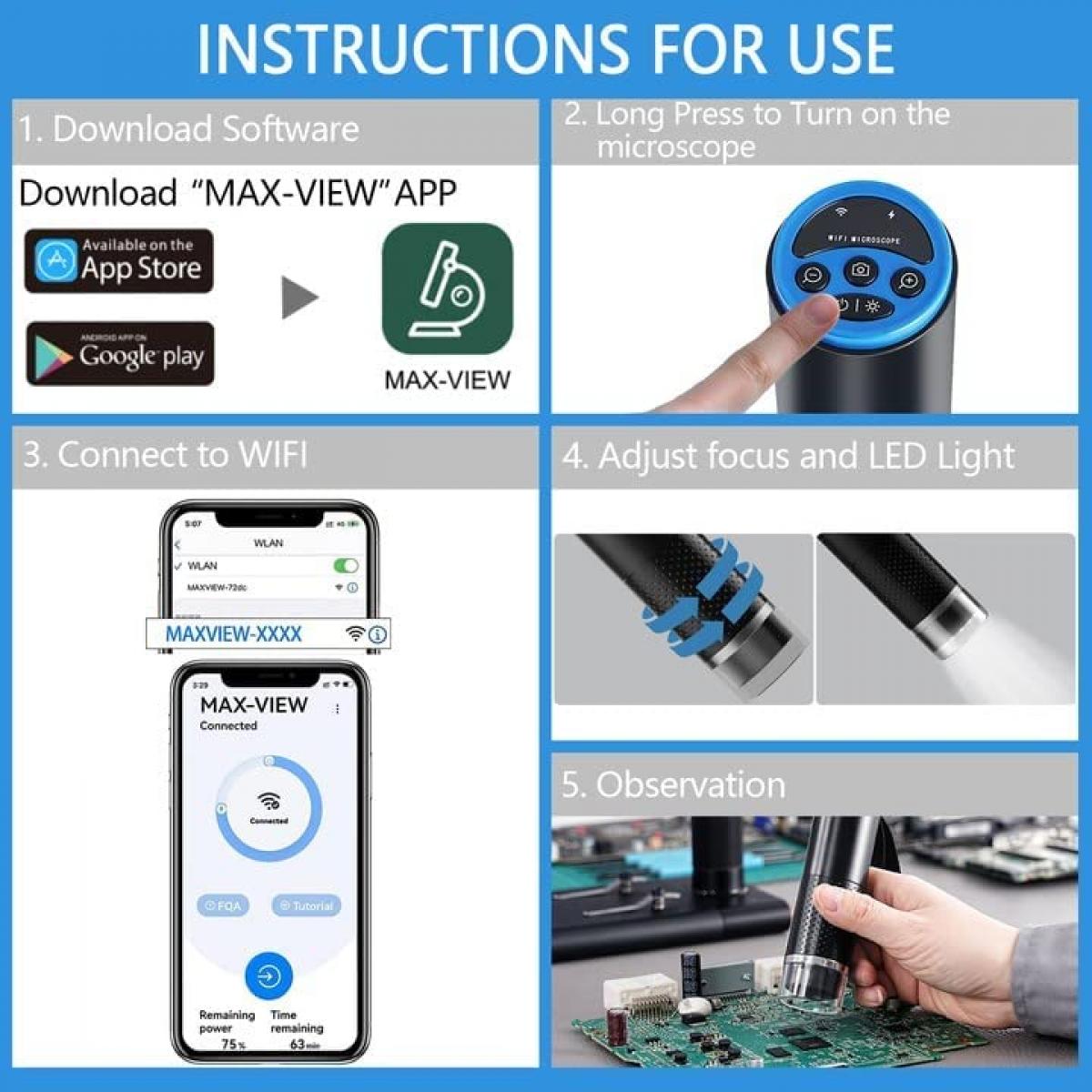 Wireless digital microscope, 50X1000X magnification, WiFi portable
