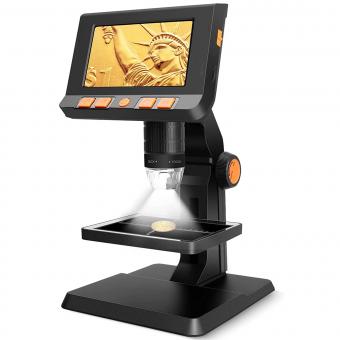 P110 Digital Coin Microscope, 4.3" screen, 1080P high resolution and 2 megapixels, 50X-1000X magnification with 8 adjustable LED lights, liftable table for adult, child portable microscope