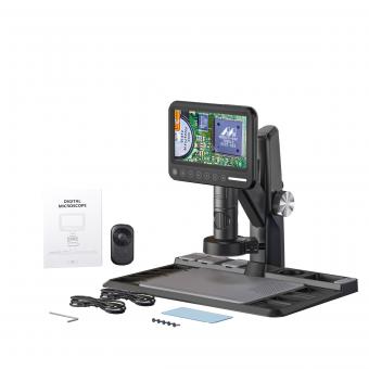 7" Full Focus HD Digital Microscope, 12 Million Pixels, 50-1600X Magnification, Adjustable Shadowless LED, Wireless Remote Control Support PC Connection