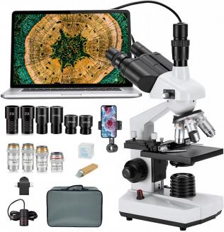 Compound Trinocular Microscope 40X-5000X Magnification for Lab, Biology, Education, Electronic Eyepiece and Mechanical Stage, WF10x and WF25x Eyepieces, Abbe Condenser