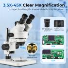 Trinocular Stereo Microscope with 4K Digital Eyepiece, 3.5x-45x Magnification, 144pcs LEDs, 0.5x CTV Adapter,  Kentfaith