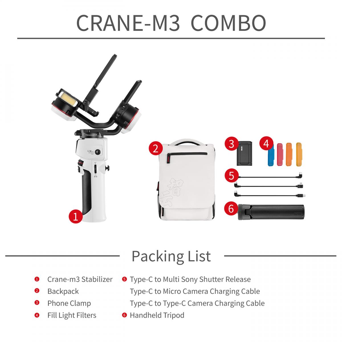 Zhiyun Crane M3 Combo Three Axis Handheld Gimbal Stabilizer, Compatible with Sony A6600, A6100, RX100, Fuji X-T10, X-T3, Canon M50, M5, M6, G7 X II, for Gopro Hero10/9/8 5 /6 /7, iPhone 13 12 XS-Pro Max