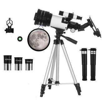 Telescópio refrator astronômico com abertura de 70 mm (15X-150X) para adultos e crianças, iniciantes em astronomia, telescópio portátil de 300 mm com suporte para telefone celular e tripé ajustável