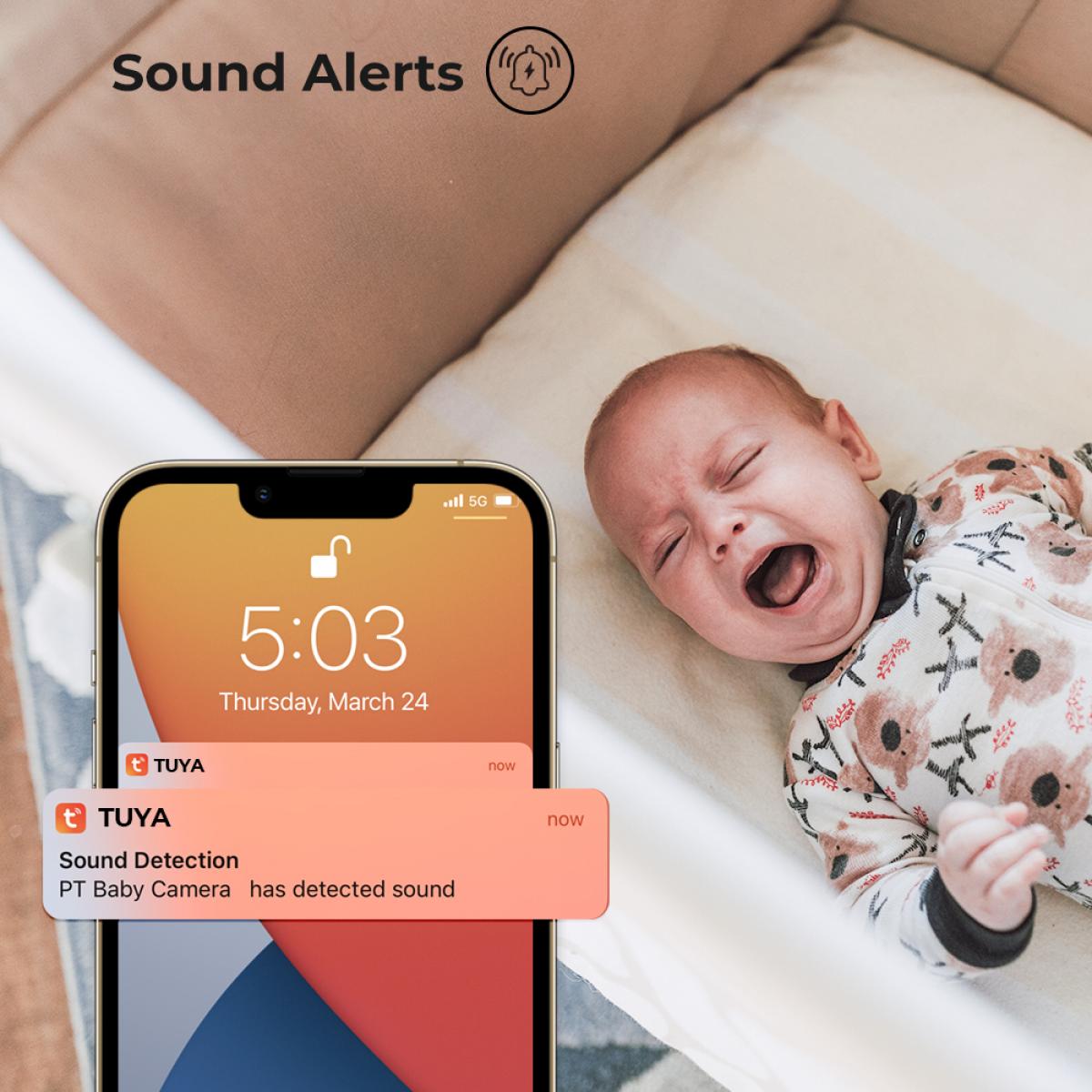 Monitor de bebê 1080P HD WiFi com detecção de som e movimento, câmera de segurança residencial interna com rastreamento de movimento, monitoramento de temperatura e canção de ninar para bebê/animal de estimação/idoso (TUYA APP)