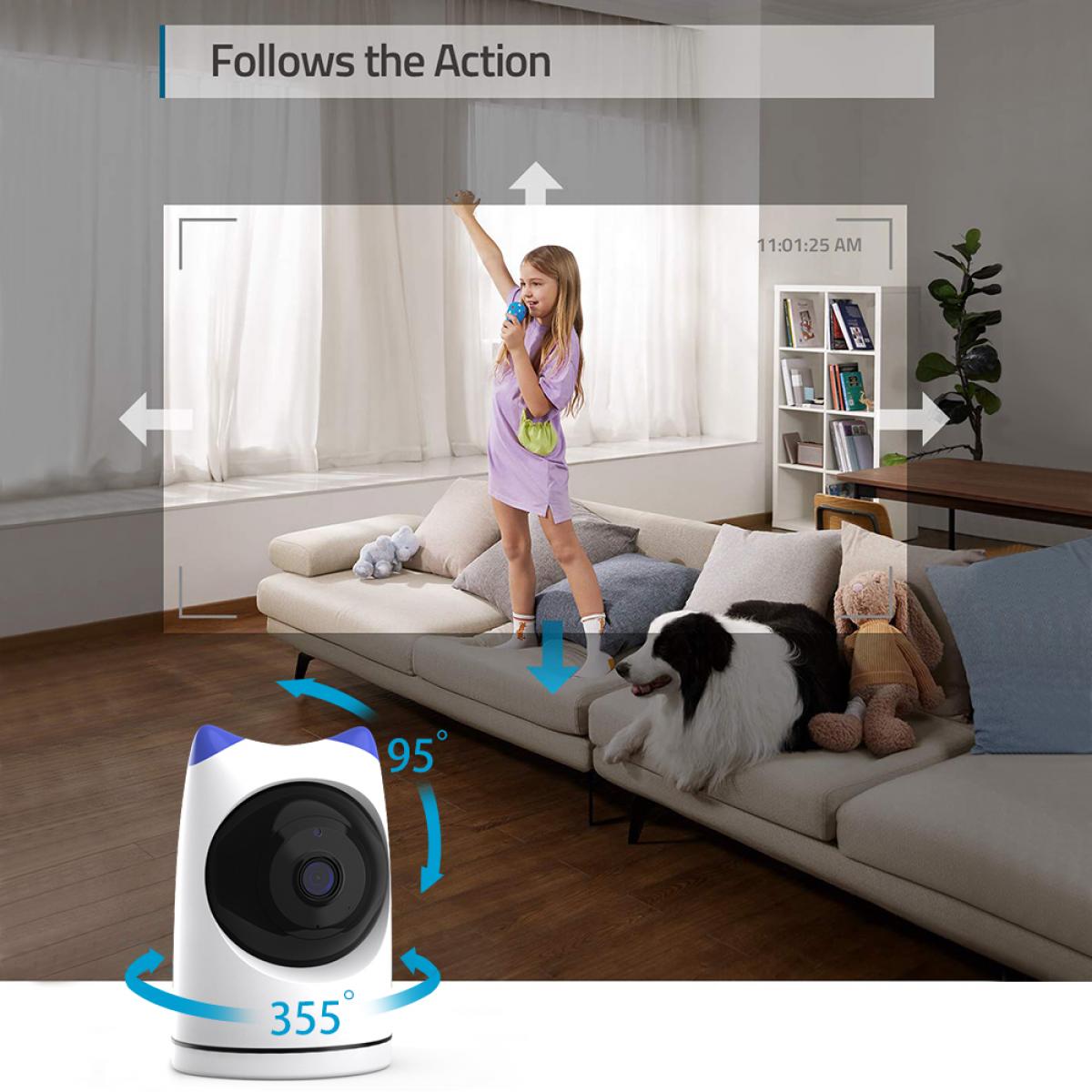 屋内防犯カメラ、2.4Ghz WiFi、赤外線暗視、人間検出、インテリジェントモーショントラッキング、サウンドアラーム、双方向トーク、赤ちゃん、ペット、高齢者用モニター