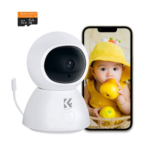 1080P HD WiFi Baby Monitor with Sound and Motion Detection, Indoor Home Security Camera with Motion Tracking, Temperature Monitoring and Lullaby, with a 64G Memory Card