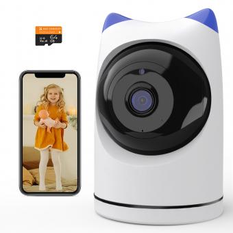 Indoor security camera, 2.4Ghz WiFi, infrared night vision, human detection, intelligent motion tracking, sound alarm, two-way talk, monitor for babies, pets, elderly, with 64G Memory Card