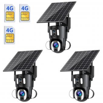 4G Security Camera Solar & Battery Powered, Dual-Lens & 10X Optical Zoom 3PCS for Outdoor Surveillance, Farms, Factories, Construction Sites, No WiFi 
