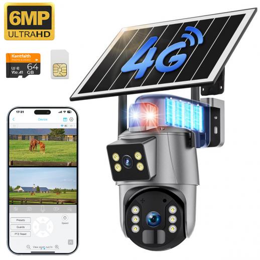 4G 셀룰러 보안 카메라 무선 실외용, 듀얼 렌즈, 6MP 듀얼 렌즈, 태양광 충전, 자동 추적 기능이 있는 360° PTZ, 컬러 나이트 비전, 64GB 저장 카드 + SIM 카드 포함, Kentfaith