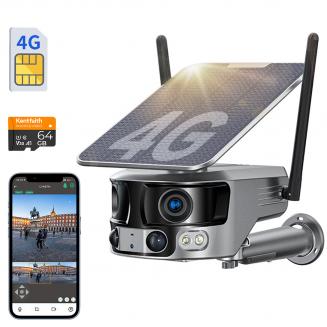 Cámara de Seguridad 4G con Resolución 4K, Vista Panorámica de 180° con Doble Lente, Energía Solar, Vista en Vivo de 360°, Visión Nocturna a Color Kentfaith