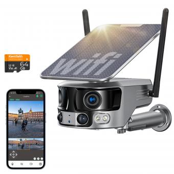 Cámara de Seguridad WiFi con Resolución 4K, Vista Panorámica de 180° con Doble Lente, Energía Solar, Vista en Vivo de 360°, Visión Nocturna a Color Kentfaith