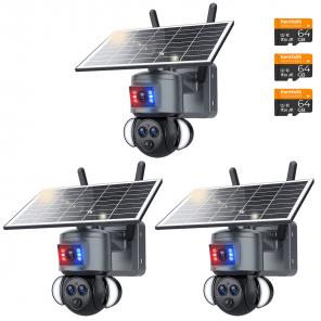 WiFi Security Camera with 15X Hybrid Zoom, Triple Lens, 6MP, Dual Views, Solar Powered, 360° Live View, Color Night Vision, 3-Cam Pack, Kentfaith